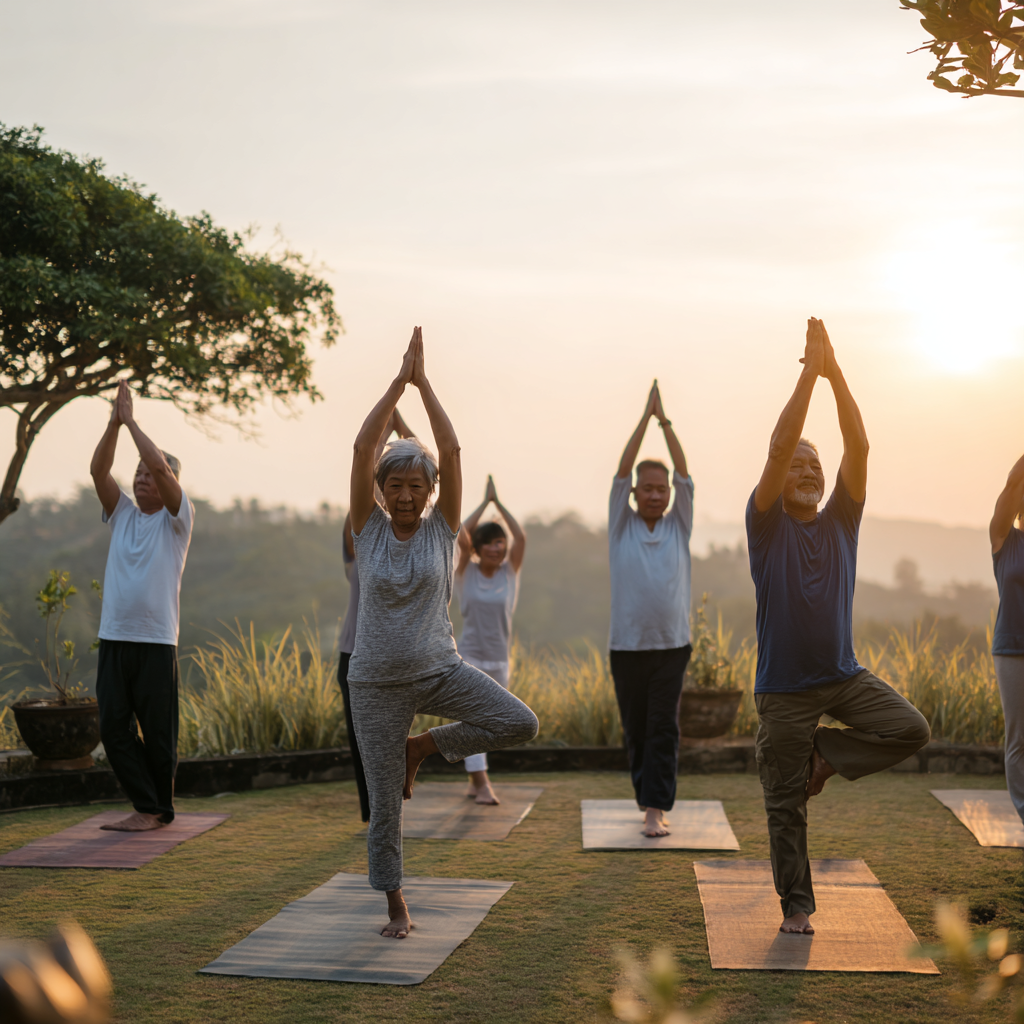 Group of middle-aged and older adults practicing yoga in serene natural setting