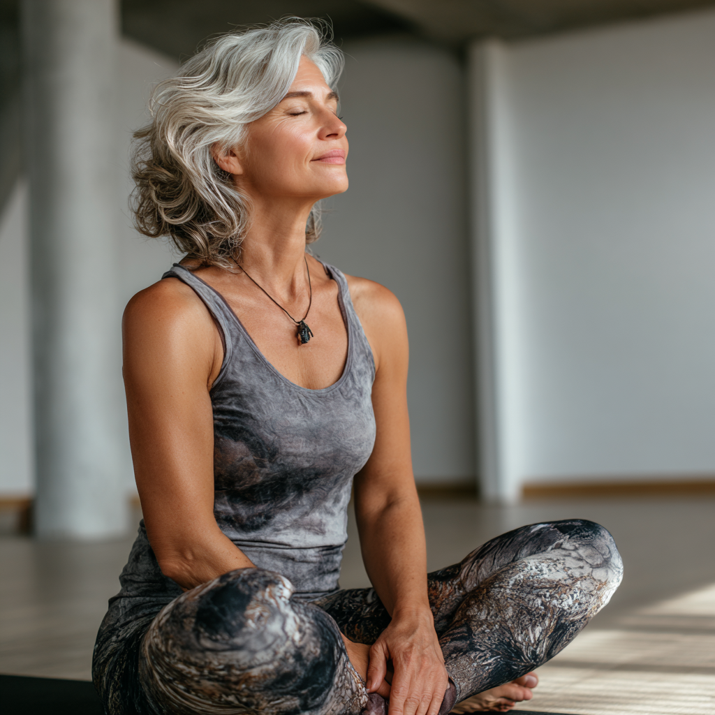 Middle-aged woman practicing gentle yoga poses in peaceful studio environment